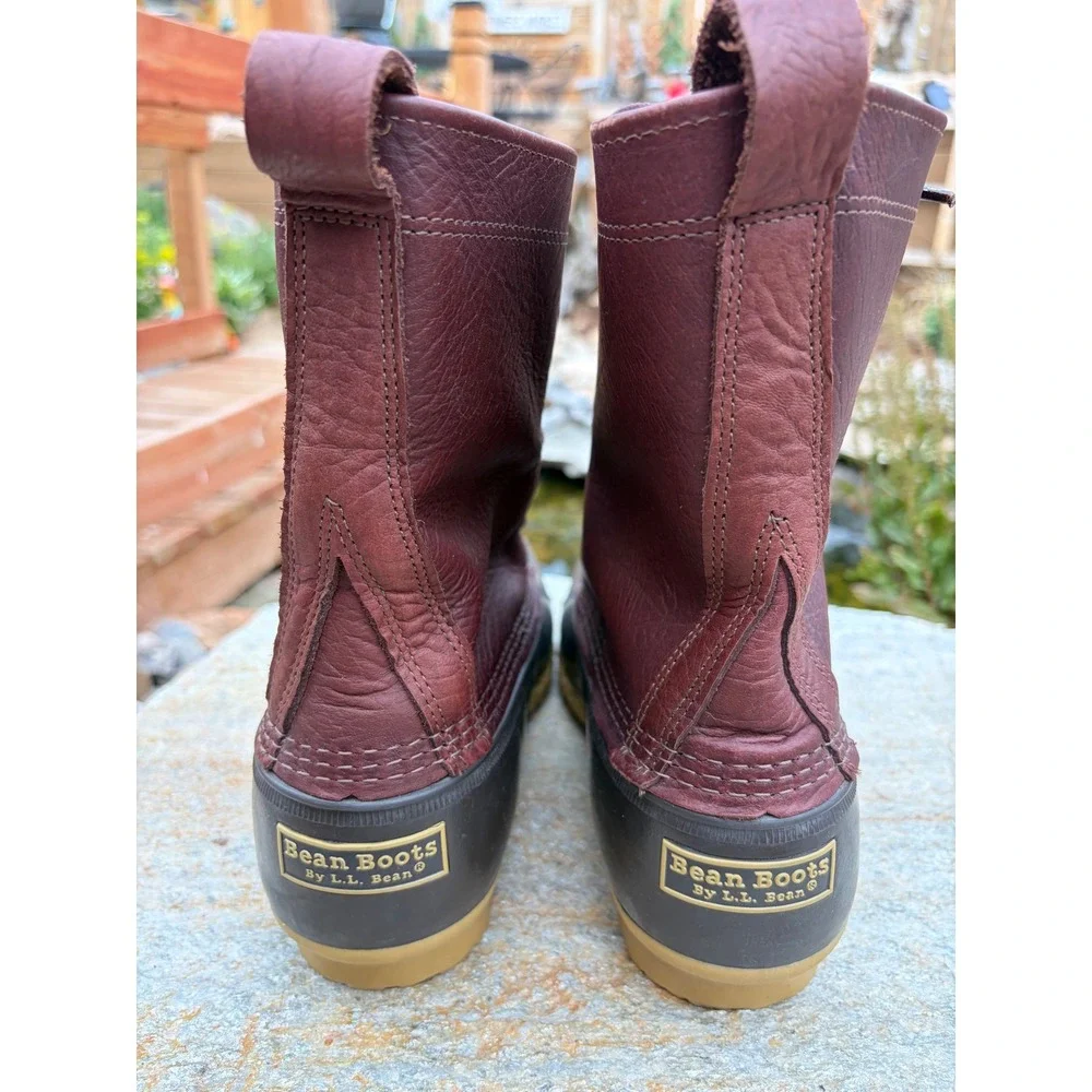 LL Bean 8 Inch Duck Boots Mens 11 Wide Burgundy Leather Brown Rubber Made in USA